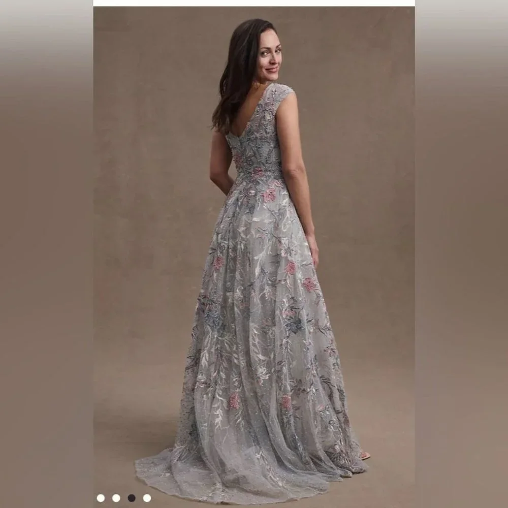 NWT MAC DUGGAL EMBROIDERED ILLUSION CAP SLEEVE A LINE GOWN SILVER 20263 - Picture 4 of 8